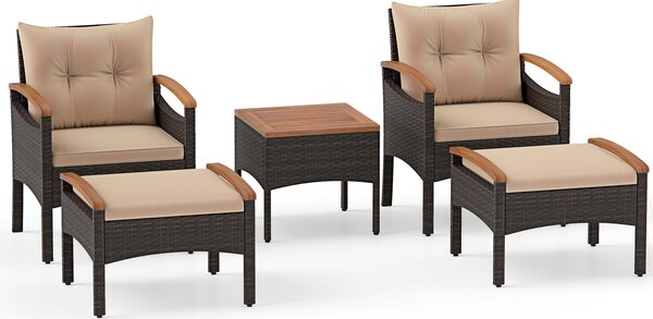 Costway Set di divani in rattan da 5 pezzi con cuscini per sedili schienale, Set in vimini da giardino per cortile Beige