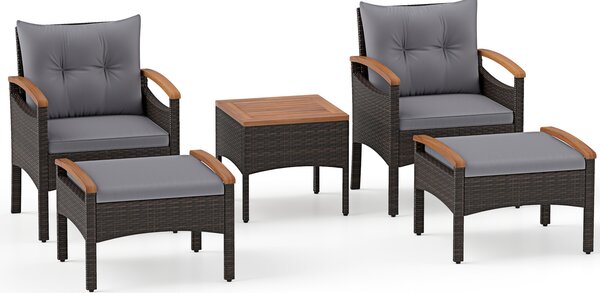 Costway Set di divani in rattan da 5 pezzi con cuscini per sedili schienale, Set in vimini da giardino per cortile Grigio
