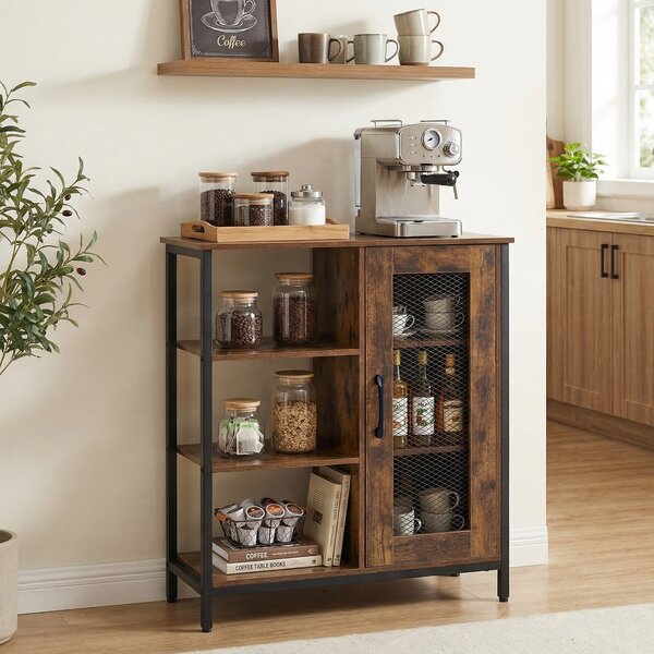 Costway Mobile da cucina con ripiani aperti e armadietto, Credenza salvaspazio ripiani regolabili 3 posizioni Marrone