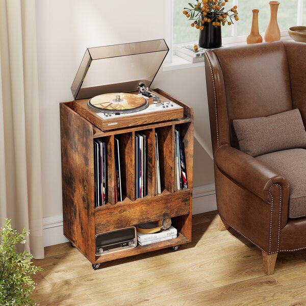 Costway Mobile porta vinili con 4 ruote universali scomparto aperto e gancio rimovibile, Porta dischi vinile con cassetto Marrone