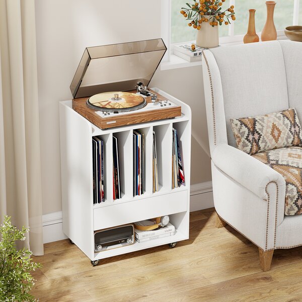 Costway Mobile porta vinili con 4 ruote universali scomparto aperto e gancio rimovibile, Porta dischi vinile con cassetto Bianco