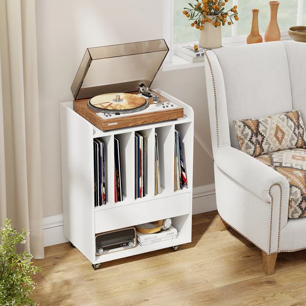 Costway Mobile porta vinili con 4 ruote universali scomparto aperto e gancio rimovibile, Porta dischi vinile con cassetto Bianco