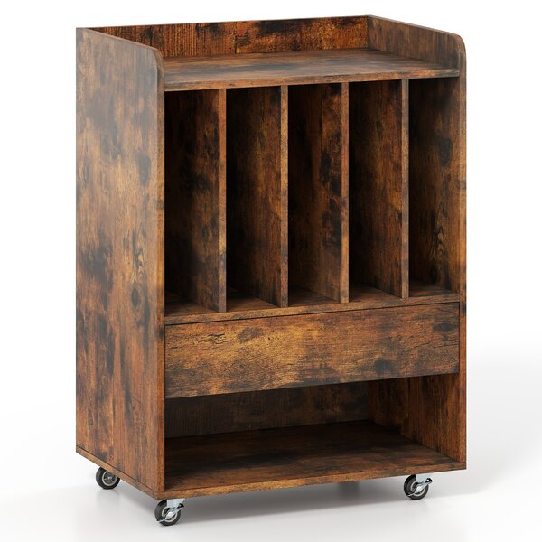 Costway Mobile porta vinili con 4 ruote universali scomparto aperto e gancio rimovibile, Porta dischi vinile con cassetto Marrone