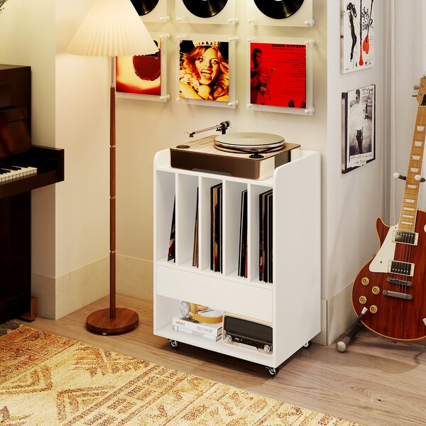 Costway Mobile porta vinili con 4 ruote universali scomparto aperto e gancio rimovibile, Porta dischi vinile con cassetto Bianco