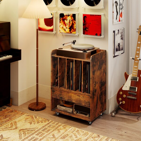 Costway Mobile porta vinili con 4 ruote universali scomparto aperto e gancio rimovibile, Porta dischi vinile con cassetto Marrone