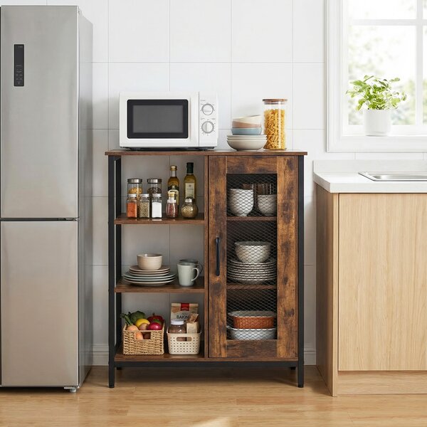 Costway Mobile da cucina con ripiani aperti e armadietto, Credenza salvaspazio ripiani regolabili 3 posizioni Marrone