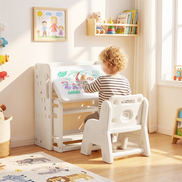 Costway Set scrivania e sedia per bambini lavagna cancellabile, Scrivania per bambini con scaffali laterali e cestini portaoggetti piano inclinabile