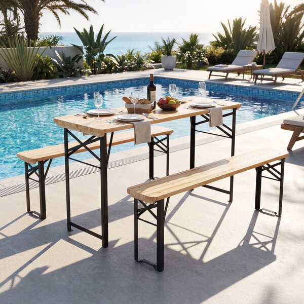 Costway Set tavolo e sedie pieghevoli in legno massiccio e metallo ampio piano e comode sedie, Tavolo da birreria con panche per giardino spiaggia e cortile