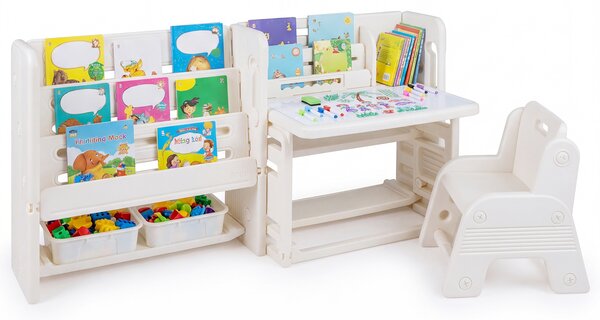 Costway Set scrivania e sedia per bambini lavagna cancellabile, Scrivania per bambini con scaffali laterali e cestini portaoggetti piano inclinabile