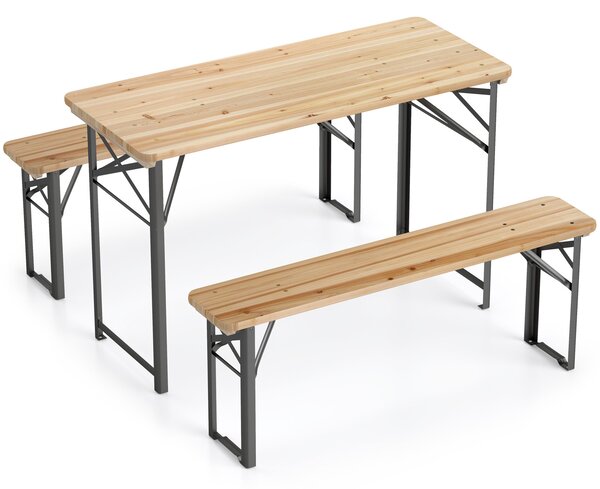 Costway Set tavolo e sedie pieghevoli in legno massiccio e metallo ampio piano e comode sedie, Tavolo da birreria con panche per giardino spiaggia e cortile