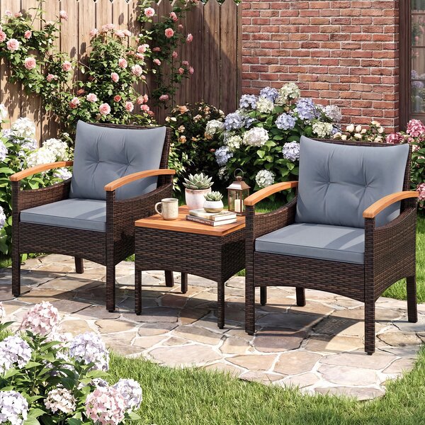 Costway Set bistro patio 3 pezzi con piano in legno di acacia e braccioli, Set di sedie da esterno con cuscini per giardino veranda Grigio