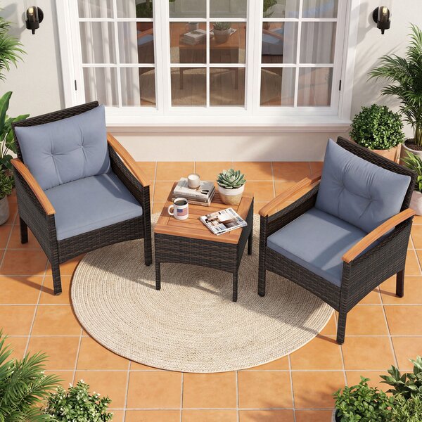 Costway Set bistro patio 3 pezzi con piano in legno di acacia e braccioli, Set di sedie da esterno con cuscini per giardino veranda Grigio