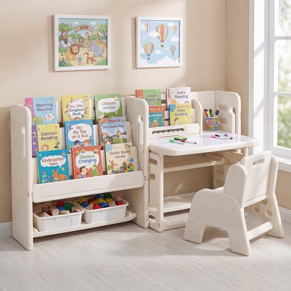 Costway Set scrivania e sedia per bambini lavagna cancellabile, Scrivania per bambini con scaffali laterali e cestini portaoggetti piano inclinabile