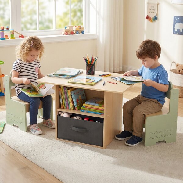 Costway Set di tavolo e 2 sedie per bambini con scomparti doppio lato e cassetto pieghevole in tessuto, Tavolo e 2 sedie in legno Verde