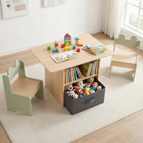 Costway Set di tavolo e 2 sedie per bambini con scomparti doppio lato e cassetto pieghevole in tessuto, Tavolo e 2 sedie in legno Verde