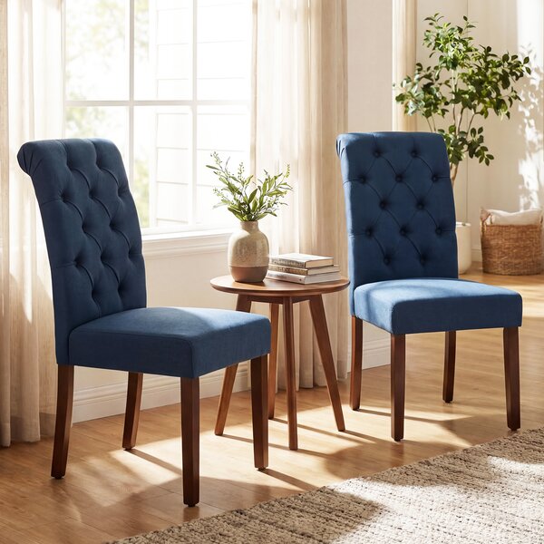 Costway Set di 2 sedie imbottite da cucina cuscino comodo e gambe in legno, Sedia sala da pranzo con schienale alto massello Blu