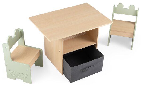 Costway Set di tavolo e 2 sedie per bambini con scomparti doppio lato e cassetto pieghevole in tessuto, Tavolo e 2 sedie in legno Verde