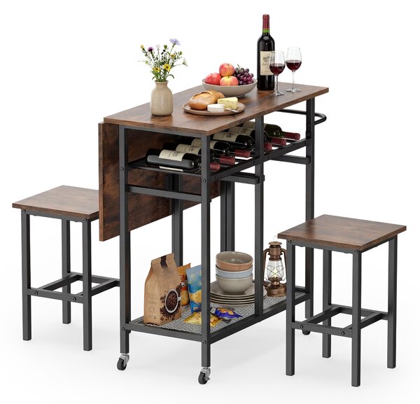 Costway Set tavolo da pranzo 3 pezzi con ruote e portabottiglie da 6 posti, Tavolo da cucina estendibile con 2 sgabelli Caffè