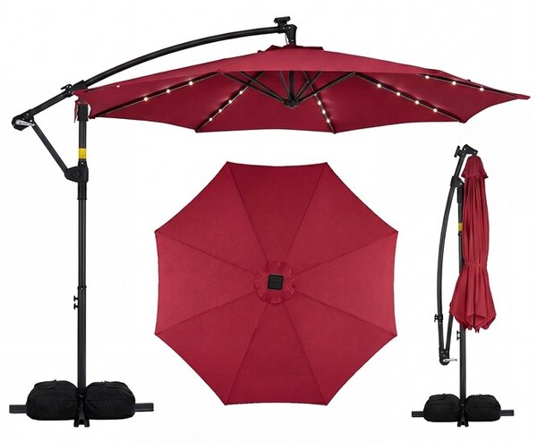 Costway Ombrellone da giardino a manovella da 3 m da esterno con 8 stecche, Base a croce e sacco di sabbi per giardino terrazzo Rosso Bordeaux