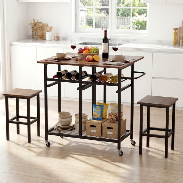 Costway Set tavolo da pranzo 3 pezzi con ruote e portabottiglie da 6 posti, Tavolo da cucina estendibile con 2 sgabelli Caffè