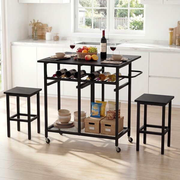 Costway Set tavolo da pranzo 3 pezzi con ruote e portabottiglie da 6 posti, Tavolo da cucina estendibile con 2 sgabelli Nero