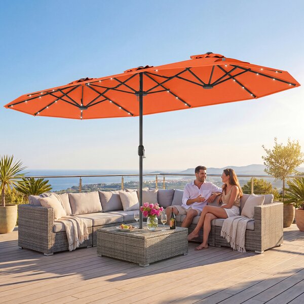 Costway Ombrellone doppio da giardino con luci solari 4x2m, Ombrellone rettangolare grande con manovella base Arancione