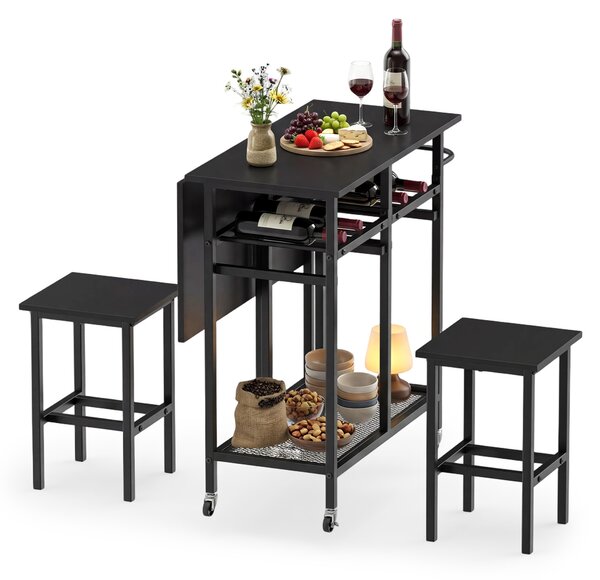 Costway Set tavolo da pranzo 3 pezzi con ruote e portabottiglie da 6 posti, Tavolo da cucina estendibile con 2 sgabelli Nero