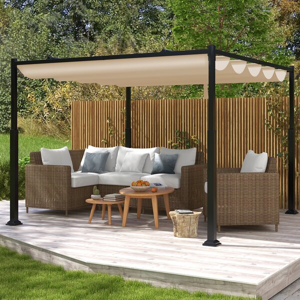 Costway Pergola da esterno 310x310cm con tettoia retrattile colonne metalliche extra-resistenti, Padiglione parasole Beige