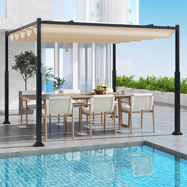 Costway Pergola da esterno 310x310cm con tettoia retrattile colonne metalliche extra-resistenti, Padiglione parasole Beige