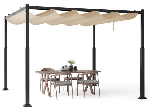 Costway Pergola da esterno 310x310cm con tettoia retrattile colonne metalliche extra-resistenti, Padiglione parasole Beige