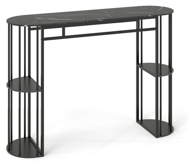 Costway Tavolino da bar moderno con piano in finto marmo 4 ripiani laterali e struttura in metallo, Bancone cucina da casa Nero