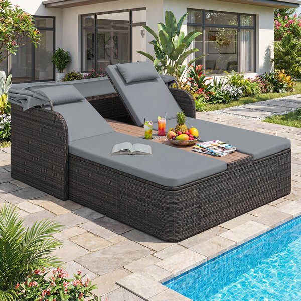 Costway Letto matrimoniale in rattan con tetto retrattile e schienali regolabili, Divano imbottito con tavolino centrale e portabicchieri Grigio