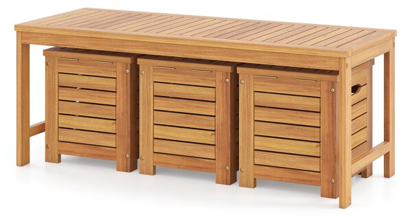 Costway Set di panca da giardino e 3 contenitori in legno massello con coperchio e maniglia, Panchina a 2 posti con baule multiuso deposito sotto seduta
