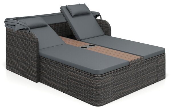Costway Letto matrimoniale in rattan con tetto retrattile e schienali regolabili, Divano imbottito con tavolino centrale e portabicchieri Grigio