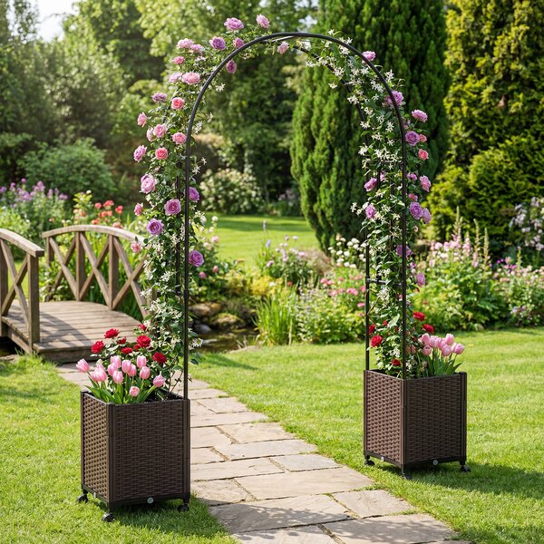 Costway Arco per piante rampicanti da giardino con 2 fioriere in pp e 4 ruote universali con freni, Traliccio pergola in metallo decorazione esterno