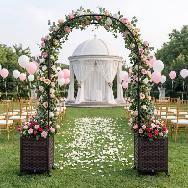 Costway Arco per piante rampicanti da giardino con 2 fioriere in pp e 4 ruote universali con freni, Traliccio pergola in metallo decorazione esterno