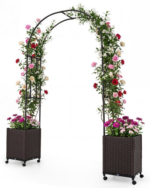 Costway Arco per piante rampicanti da giardino con 2 fioriere in pp e 4 ruote universali con freni, Traliccio pergola in metallo decorazione esterno