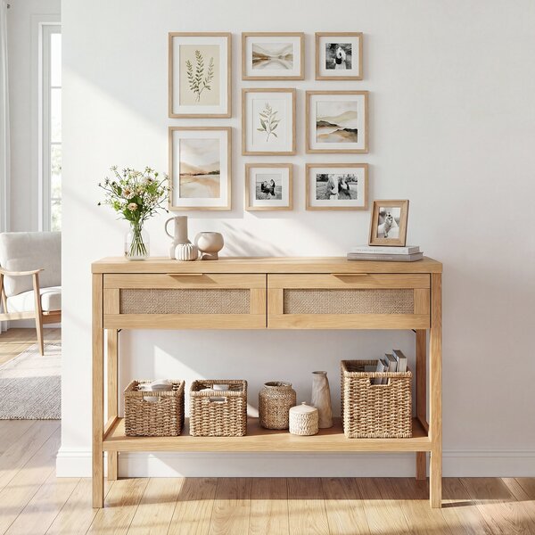 Costway Tavolino da divano in legno con doppio cassetto ripiano inferiore e ampio piano, Consolle per ingresso corridoio e soggiorno Naturale