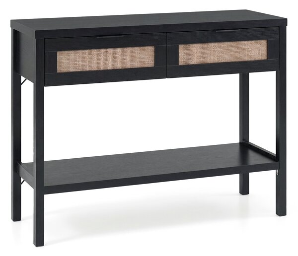 Costway Tavolino da divano in legno con doppio cassetto ripiano inferiore e ampio piano, Consolle per ingresso corridoio e soggiorno Nero