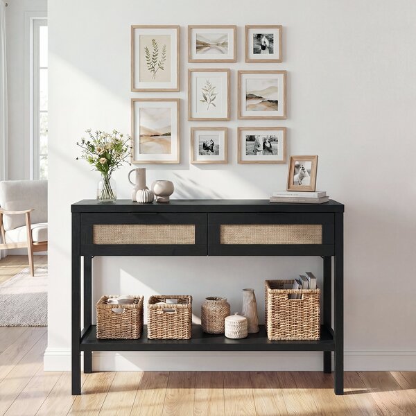 Costway Tavolino da divano in legno con doppio cassetto ripiano inferiore e ampio piano, Consolle per ingresso corridoio e soggiorno Nero