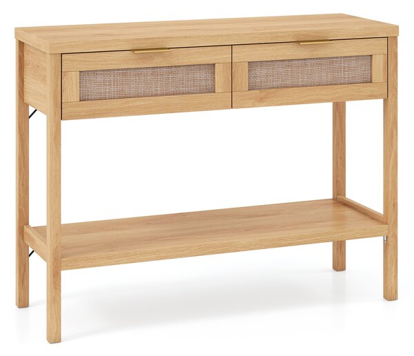 Costway Tavolino da divano in legno con doppio cassetto ripiano inferiore e ampio piano, Consolle per ingresso corridoio e soggiorno Naturale