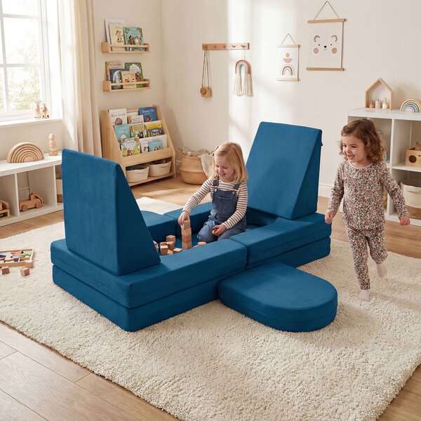 Costway Divano da gioco per bambini trasformabile tessuto suede e schiuma ad alta elasticità, Poltrona modulare a 10 pezzi Blu