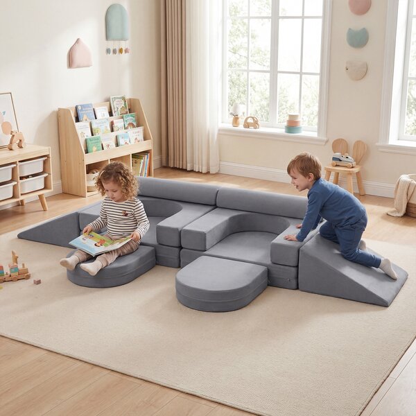 Costway Divano da gioco per bambini trasformabile tessuto suede e schiuma ad alta elasticità, Poltrona modulare a 10 pezzi Grigio
