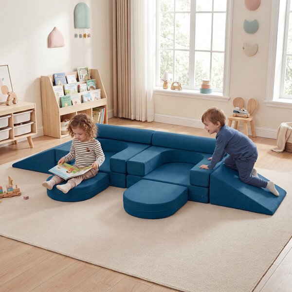Costway Divano da gioco per bambini trasformabile tessuto suede e schiuma ad alta elasticità, Poltrona modulare a 10 pezzi Blu