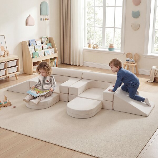 Costway Divano da gioco per bambini trasformabile tessuto suede e schiuma ad alta elasticità, Poltrona modulare a 10 pezzi Beige