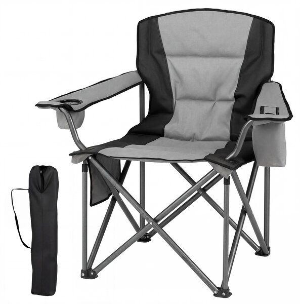 Costway Sedia da campeggio con tasca refrigerante con cerniera e portabicchiere tasca laterale borsa per trasporto, Sedia pieghevole portatile Grigio