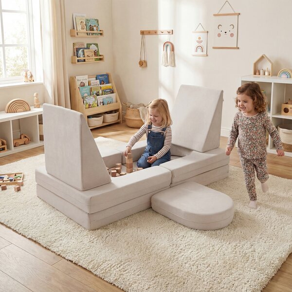 Costway Divano da gioco per bambini trasformabile tessuto suede e schiuma ad alta elasticità, Poltrona modulare a 10 pezzi Beige