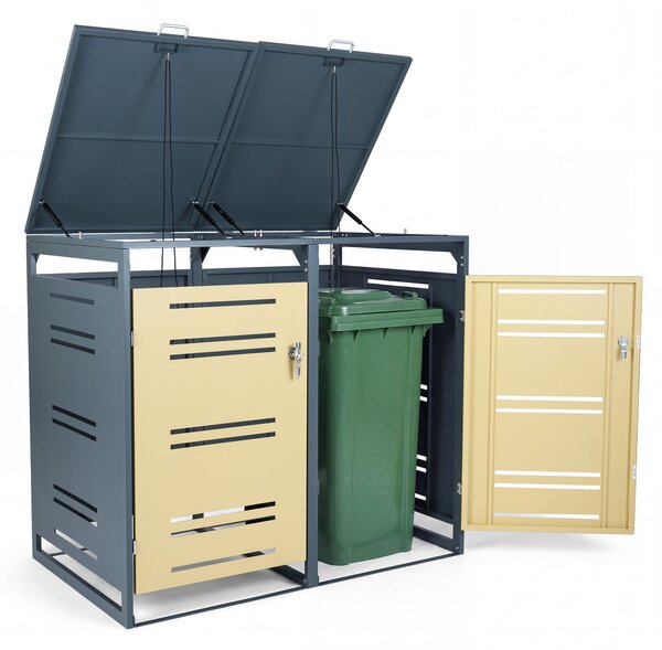 Costway Capanno esterno per bidoni della spazzatura con porte blocchettabili con chiavi, Rifugio per bidoni per patio cortile e giardino Giallo