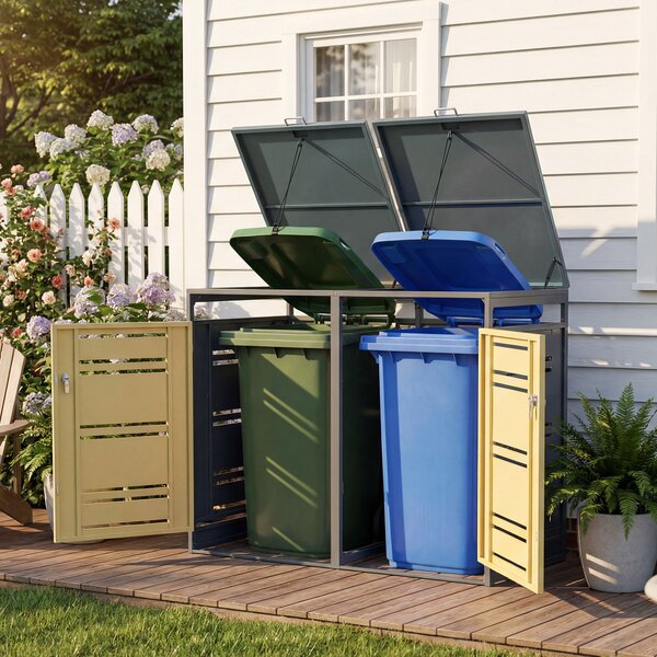 Costway Capanno esterno per bidoni della spazzatura con porte blocchettabili con chiavi, Rifugio per bidoni per patio cortile e giardino Giallo