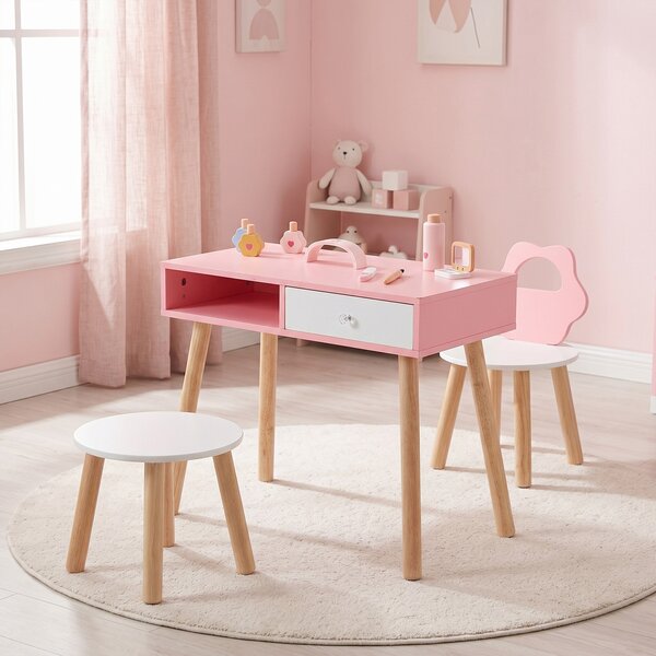Costway Set 2 in 1 tavolo manicure per bambini con 2 sedie toeletta, Tavolino unghie con scrivania in legno con cassetto e scomparto rosa